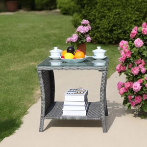 Mesa de Centro para Patio Exterior con Cubierta de Vidrio Templado Transparente, Estructura Tejida y Estante de Almacenamiento, Muebles de Jardín - Product Image 2