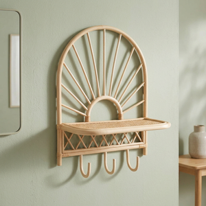 Rattan Wall <b>Shelf</b> With <b>Hooks</b> And Woven Seat Tropical Style For Kids Room Decor - Product Image 3