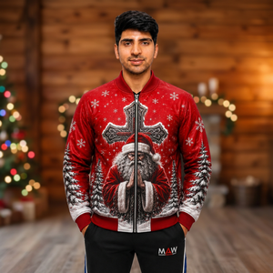 Blouson bomber rouge pour homme MAW, imprimé Père Noël, fermeture éclair, veste d'hiver décontractée, matière PU, impression par sublimation - Product Image 3