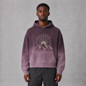Sudadera con capucha OEM para hombre, de corte holgado y corto, teñido por inmersión, de felpa <span class=keywords><strong>francesa</strong></span> de algodón de 450 GSM, color morado morera, con estampado de rueda solar y montaña, estilo streetwear, al por mayor - Product Image 1