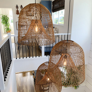Lustre rustique en rotin, luminaire suspendu rond à LED E27 pour restaurant, salon de thé, hôtel, café, comptoir, bar - Product Image 4