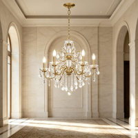 Lustre en cristal à 5 lumières, lampe suspendue en métal doré avec prismes en cristal transparent, luminaire suspendu classique pour salon