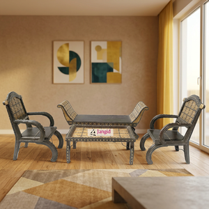 Ensemble de canapés vintage en bois massif 4 places (1+1+2) avec finitions en laiton et table basse, mobilier de salon de luxe antique - Product Image 2