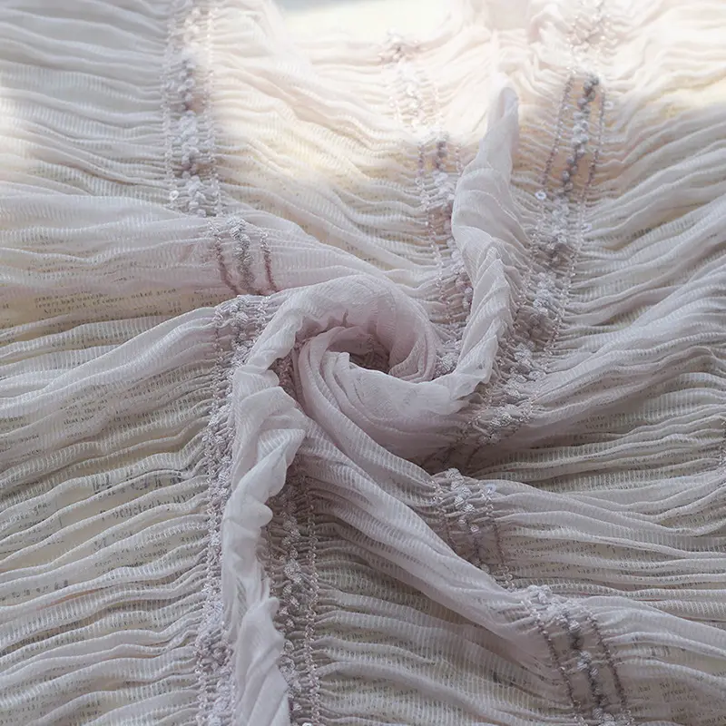 Gancho de chiffon bordado, listrado de tecido enrugado, estilo fada, vestido de noiva, tecido tule
