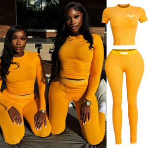 Vêtements de détente côtelés personnalisés ensembles de deux pièces pour femmes t-shirts en coton de base à broder pantalons ensembles de vêtements de détente 2 pièces pour femmes - Product Image 1