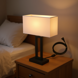 Lámpara de mesa con pantalla rectangular de 36 cm, base de metal blanca, diseño moderno para mesita de noche, uso E27 LED AC 110V - Product Image 2