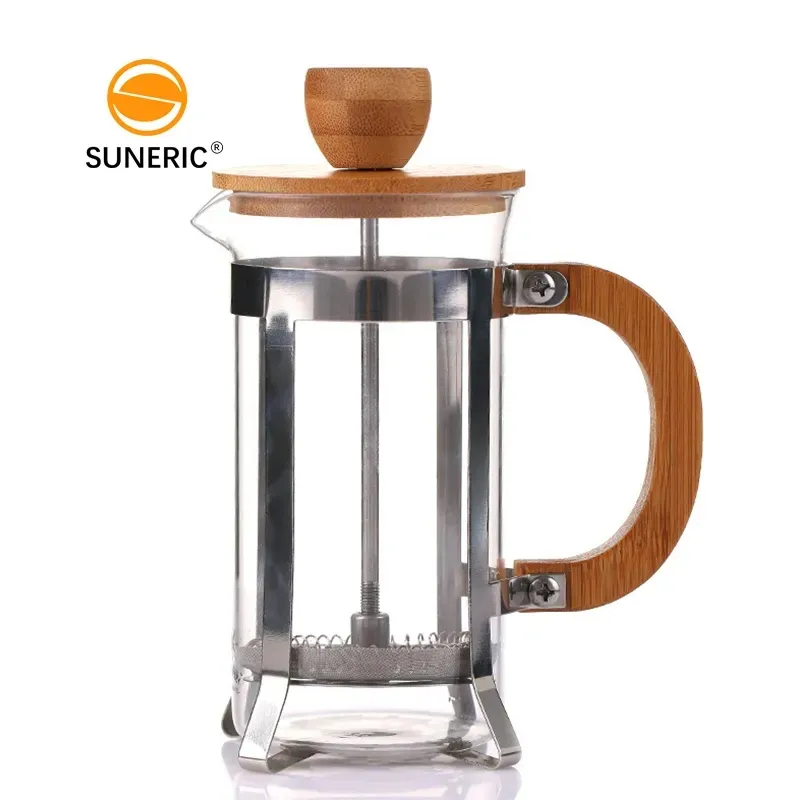 Portable Heat Resistant Glass Bamboo Lid Coffee Maker Tea Pot Stainless Steel Filter French Press Coffee Pot