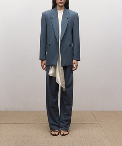 Women's <b>Slate</b> Blue Double-Breasted Blazer with Notched Lapel, Flap Pockets, Relaxed Tailored Fit - Product Image 2