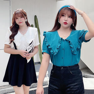 เสื้อเบลาส์แขนสั้นผ้าชีฟองสำหรับผู้หญิงขนาดใหญ่พิเศษคอปกปีเตอร์แพนแต่งระบายสีทึบ N8084ฤดูร้อน - Product Image 3