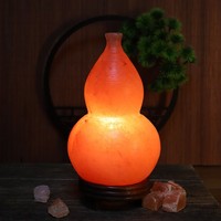 Lampe de sel de l'Himalaya en forme de gourde avec lumière chaude à intensité variable, base en bois, cristal naturel pour la guérison