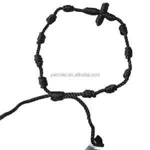 Bracelet tressé fait main chrétien en corde de nylon réglable noir Ankh Cross