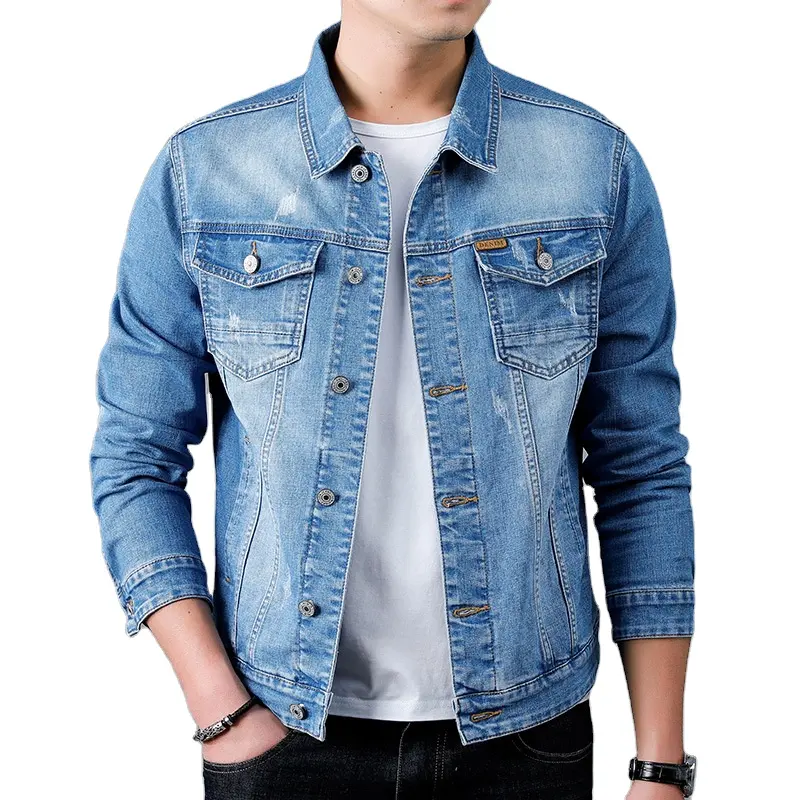oem Custom man jacket jean blue button ripped denim pocket distressed jeans jacket for men