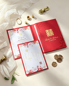 Chinese hardcover folio huwelijksuitnodiging op maat, rode folie roosrand, tweetalig, bloemrijk, oosterse fusion huwelijksuitnodigingen kaart - Product Image 3