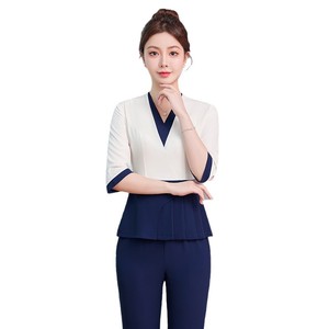Beauty Salon Uniform Women's V-<b>Neck</b> Short Sleeve Polyester Breathable Workwear For Spa Receptionist And Technician - Product Image 5