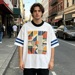 T-shirt Oversize da <span class=keywords><strong>Uomo</strong></span> 260gsm Effetto Distressed Vintage Streetwear Patchwork Lavaggio Acido Personalizzabile con Grafiche Boxy Y2K - Product Image 3