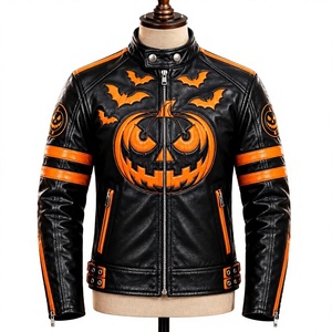 Chaqueta Bomber de Cuero para Hombre con Estampado Digital de Calabaza de Halloween, Cierre de Cremallera, Cuello Alto, Ropa Exterior Casual de Otoño - Product Image 1