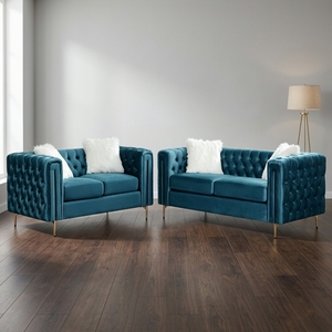 Modern Modular Extendable Tufted Velvet <b>Sofa</b> Set in Teal with <b>Gold</b> Legs Durable & Eco-Friendly for Living Room - Product Image 1