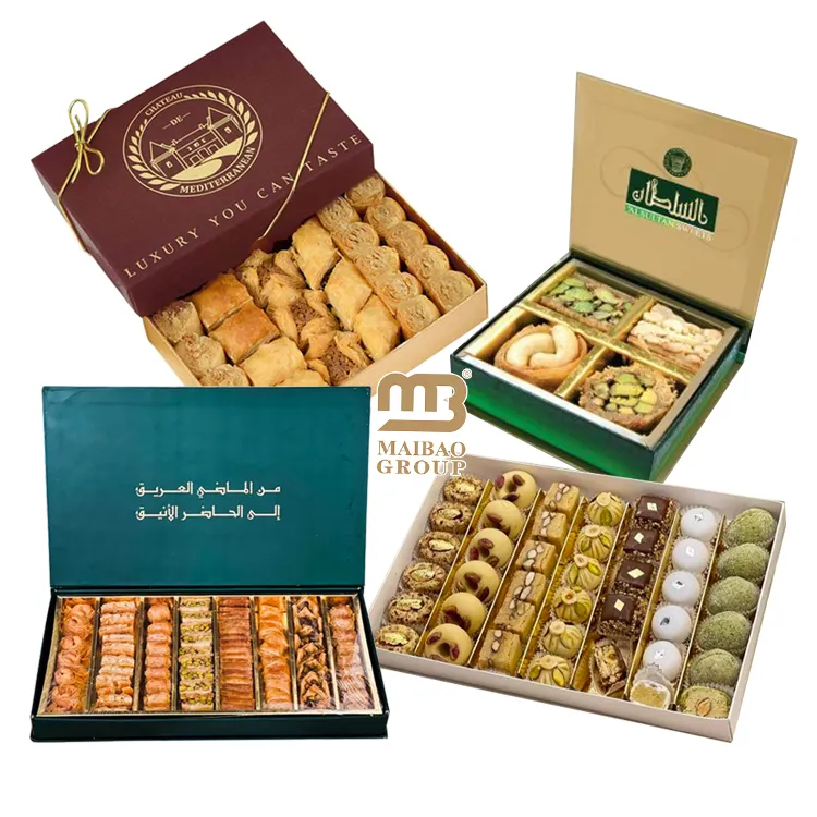 Özel lüks Baklava ambalaj kutuları özel karton Mix Baklava prim hediye kutusu arapça tatlı çeşitli pasta çay kutusu