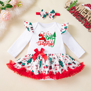 <span class=keywords><strong>Tenue</strong></span> de Noël pour bébé fille, body à manches longues avec imprimé Père Noël et jupe en tulle rouge + bandeau, 0-24 mois, robe de fête de Noël - Product Image 4