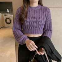 Pull court en maille torsadée pour femme, col rond, manches longues bouffantes, épaules tombantes, coupe ample, ourlet côtelé, style décontracté