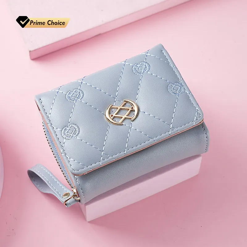 fashion leather wallet women short folding card holder sheepskin plaid grid pattern wallet
