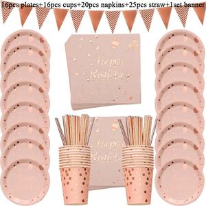 Decoraciones de <span class=keywords><strong>cumpleaños</strong></span> de oro rosa, juego de vajilla desechable, taza de papel, decoraciones para fiesta de <span class=keywords><strong>cumpleaños</strong></span> de <span class=keywords><strong>adultos</strong></span>, baby shower para niños y niñas - Product Image 6