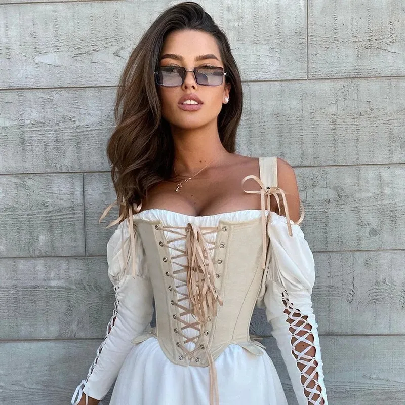 Zomer Vintage Corset Bustier Top Vrouwen Cut Out Sexy Lace Up Bandage Mouwloze Tank Tops Fairy Prinses Vest Cosplay Kostuum