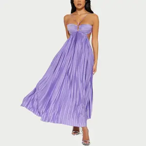 Custom Logo High Quality Elegant Vacation Dresses Open Back Lavender Purple Sexy Halter Holiday Long Maxi Women Pleated Dress