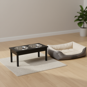 สถานีให้อาหารสุนัขสมัยใหม่พร้อมชามสแตนเลส 2 ใบ สีดำ ขนาด 23 นิ้ว ขาตั้งชามไม้แข็งแรงทนทานสำหรับสุนัขในร่ม - Product Image 2