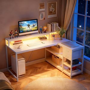 <span class=keywords><strong>Escritorio</strong></span> en Forma de L con Cajones y Estantes de Almacenamiento, <span class=keywords><strong>Escritorio</strong></span> Esquinero en L para Oficina en Casa con Soporte para Monitor, <span class=keywords><strong>Escritorio</strong></span> para Juegos de 55 x 24 Pulgadas - Product Image 1