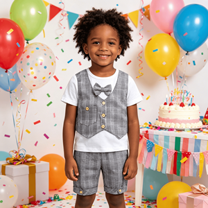 T-shirt <span class=keywords><strong>blanc</strong></span> à col rond et manches courtes pour bébé, gilet à col en V à carreaux gris à simple boutonnage avec nœud papillon, short décontracté à revers, costume formel de gentleman - Product Image 2