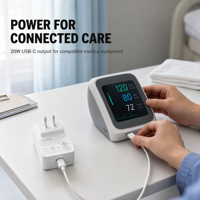 Chargeur USB-C 20W PD, connecteur C-C AD-DC, prise US, adaptateur secteur 5V 9V 12V 15V EN60601 avec certificat UL pour les dispositifs médicaux