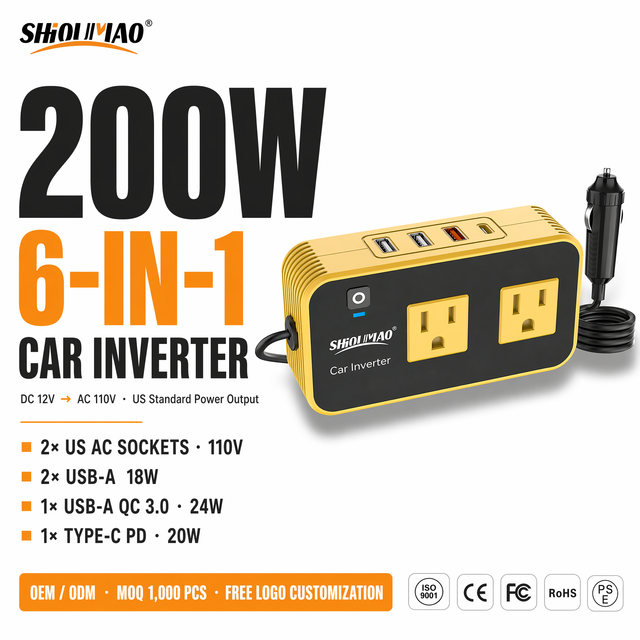 200W Car Power Inverter - DC 12V to 110V AC Car Plug Adapter Outlet Dual AC Outlet 4.8A 24W USB-A/C