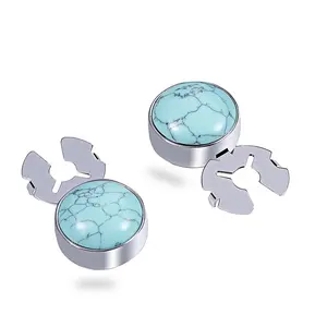 Blue turquoise Stone Silver BUTTON COVER Tuxedo Formal Shirts cufflinks 17.6MM one pair