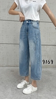 Pantalon en jean court taille haute élastique pour femme grande taille, coupe droite, jambe large, écologique et inaltérable – Vente en gros