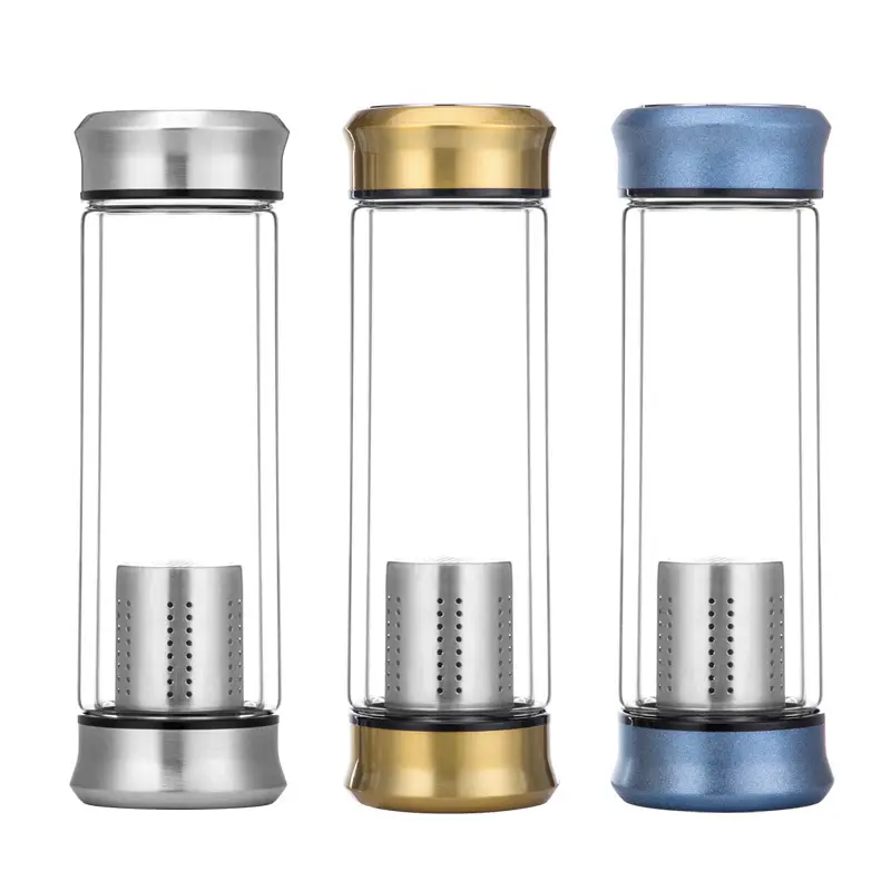 BPAフリー漏れ防止二重壁ガラストラベルティーマグ、ステンレス鋼フィルターガラスティーボトル付き