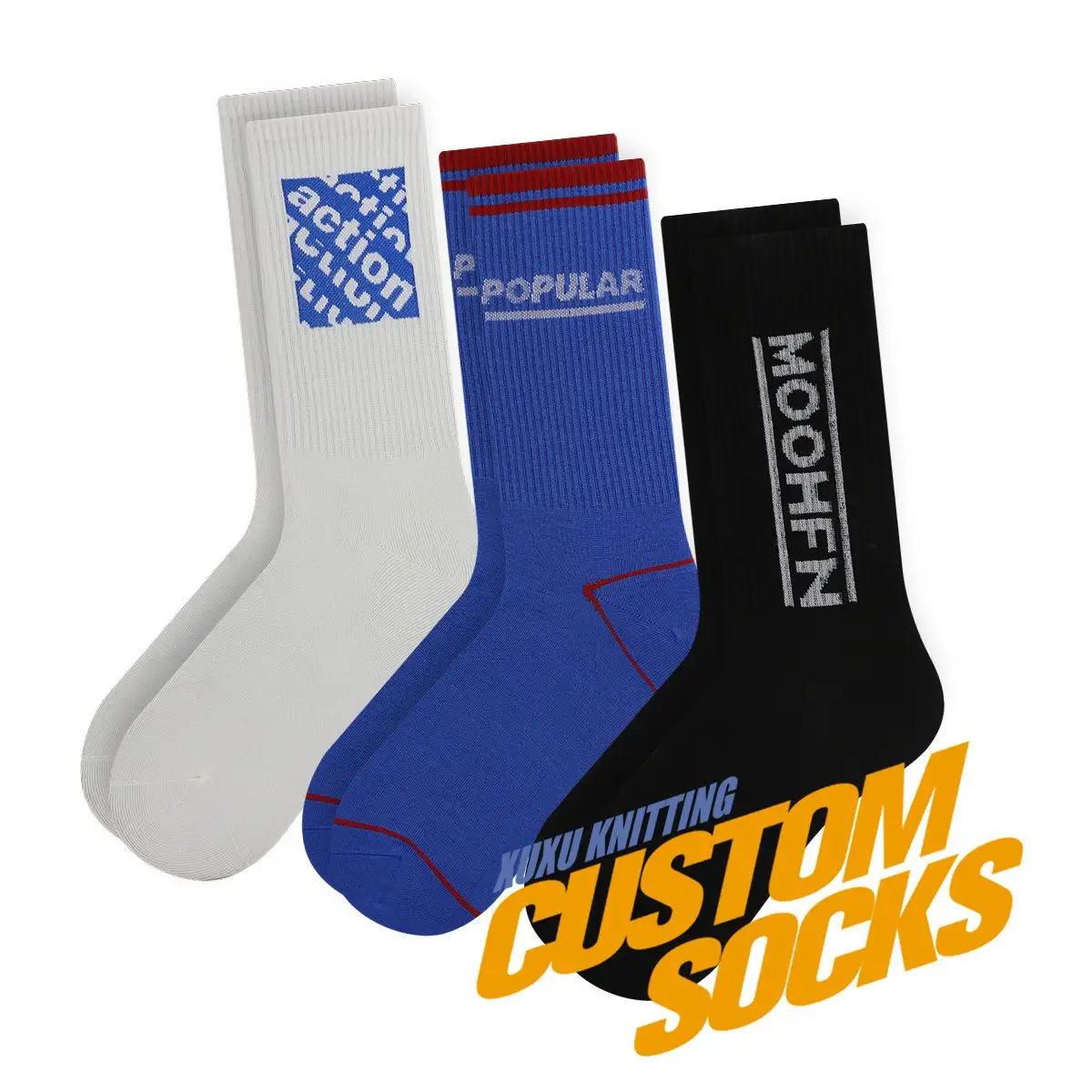 Gratis Mock-Up & Sampel Kustom Jacquard Logo Putih Hitam Pria Tabung Katun Kaus Kaki Olahraga Sox Crew Olahraga Kaus Kaki Stok Banyak