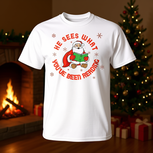 He Sees What Youve Been Reading Christmas Santa T-Shirt Tri Blend Blanc Moyen - Product Image 3