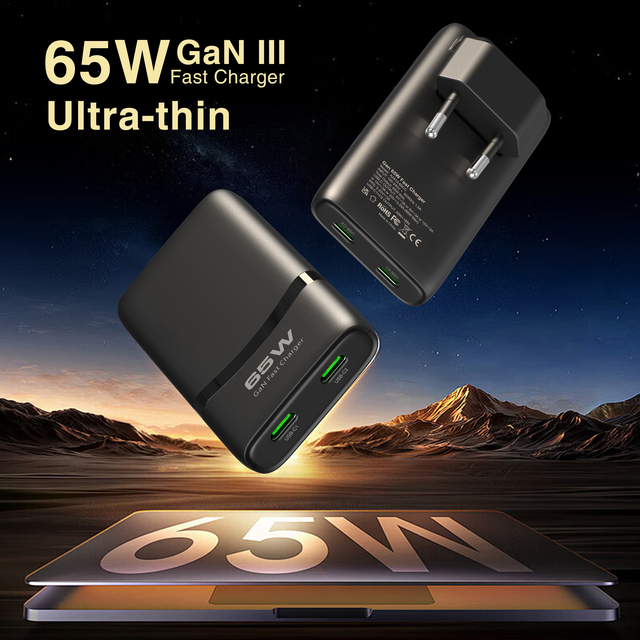 3 in 1 65W GaN PD USB-C Folding Wall Charger Adapter 2-Port PPS Super Fast Charging 110V Input for Laptop and Phone