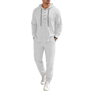 Conjunto de Pantalones y Sudadera con Capucha para Hombre, de Lino, con Cordón Ajustable, Manga Larga, Color Sólido, Ropa Casual para Ocio, Tejido de Punto DF-190 - Product Image 2