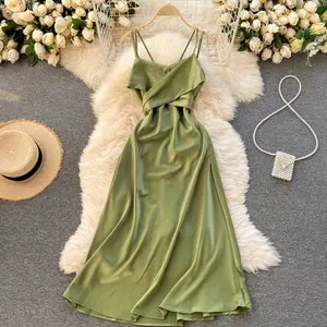 2024 Women Ladies Beach Maxi Dress Solid V Neck Vacation Sleeveless Wrap Casual Dresses