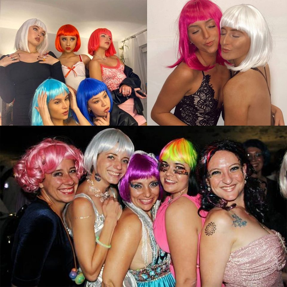 Cheap Synthetic Wig Makeup Dress Womens Straight Bob Hairstyle Neon Wig For Cosplay Halloween Party Bob Wig Role Play Carnival
