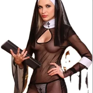 Halloween Mesh Long Sleeve Sexy Dresses Party Wear Mini Sheer Outfits Women Nun See Through Cosplay Costume Lingerie Set
