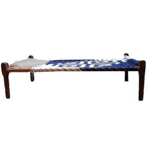 Handmade Wooden Charpai With Blue And White Fabric Upholstery Rustic Design Living Room Furniture <b>Ottoman</b> <b>Stool</b> - Product Image 3