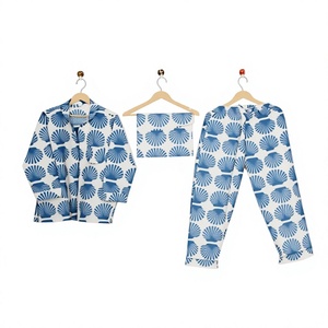 Ensemble de pyjama en coton pour femme, imprimé coquillages bleus, manches longues, longueur intégrale, vêtements de nuit décontractés, col rabattu, fermeture boutonnée, tissu tissé - Product Image 1