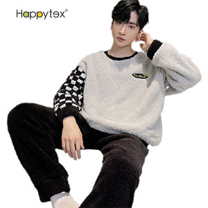 Interior hogar <span class=keywords><strong>invierno</strong></span> lindo dibujos animados grueso cálido Coral polar 2 uds <span class=keywords><strong>pijama</strong></span> conjunto manga larga ropa de dormir para hombres con bolsillos grandes - Product Image 3