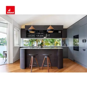 Allandcabinet Modern Customized Frameless Matt Lacquer Kitchen Cabinet With Clean Handle-less Look with Two Tone Dark Grey Wood