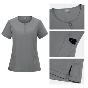 Women's Moisture Wicking Short Sleeve Scrub Top With Zipper And Pockets For Medical Nursing Hospital <b>Work</b> Uniforms Split Set - Product Image 2