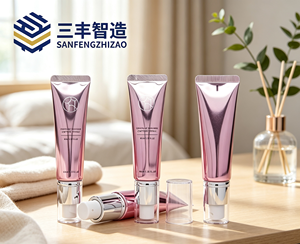 Metallic <b>Pink</b> Cosmetic Tube with Pump Cap for Skincare Lotion - Product Image 3