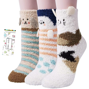 Nouveau femmes floue <span class=keywords><strong>chat</strong></span> imprimé oreilles pliées <span class=keywords><strong>chaussette</strong></span> hiver moelleux doux pantoufle maison dormir mignon Animal confortable chaussettes chaudes pour les filles - Product Image 1